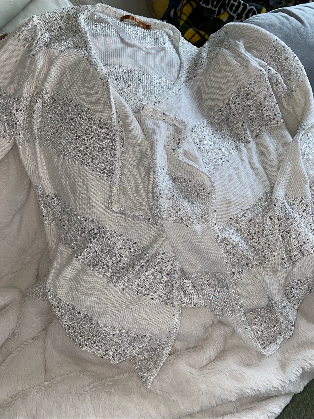 Belldini White Silver Sparkle Open-Front Cardigan Sweater